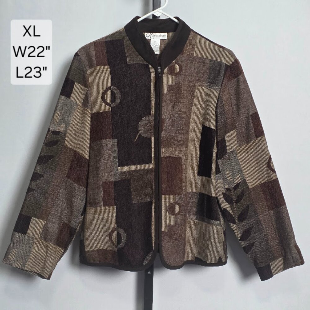 Dressbarn Jacket Size XL Brown Tapestry Geometric Zip Up Blazer Art Teacher Boho